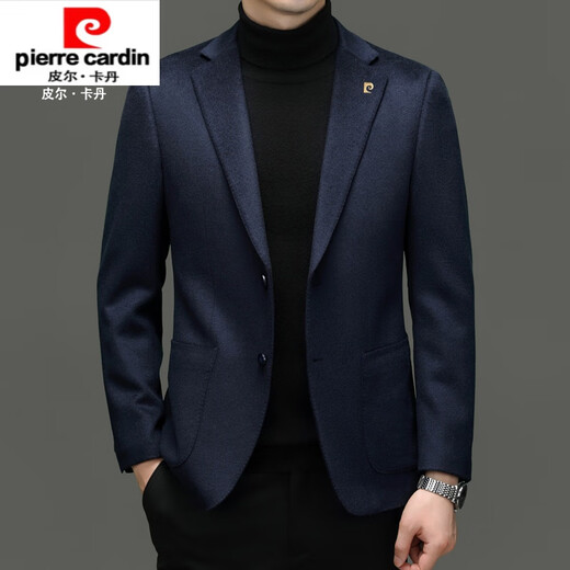 皮尔卡丹高档高端羊绒西装男格子中年男士休闲西服羊毛呢大衣外套短款 蓝格 5777款后中开叉 170/M 建议100-125斤