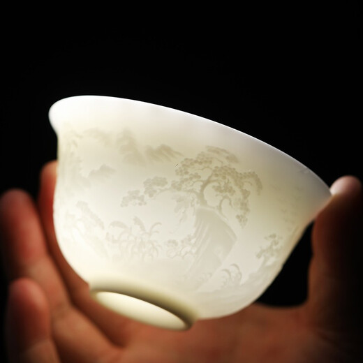 MULTIPOTENT complete tea set mutton fat jade Chinese white relief splendid mountain and river covered bowl 6 cup set gift box gift set