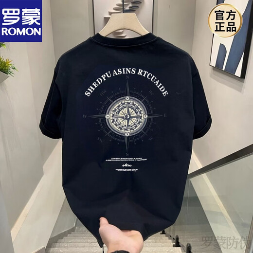 ROMON (ROMON) 2025 summer new short-sleeved T-shirt men's trendy men's clothes loose casual printed T-shirt half-sleeved black new product V753 black 3XL