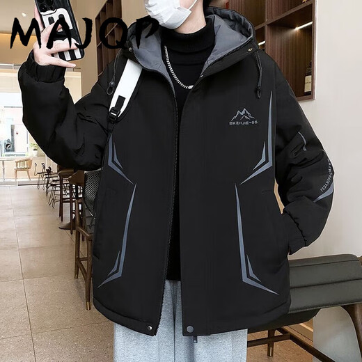 MAJQP夹克棉衣外套男加绒加厚秋冬款青少年男士宽松保暖连帽学生外套潮 719-加绒-黑色 L 100-115斤