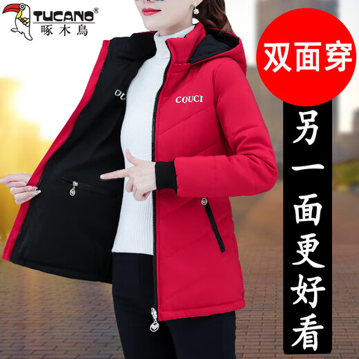 啄木鸟棉服女2023新款两面穿女短款冬季时尚洋派小棉袄棉衣外套女 黑色DLP9925 单面穿 L 适合95-105斤