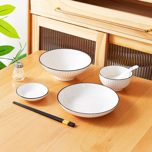 Chuanqi ceramic tableware 12-piece bowl and plate set underglaze color tableware set dish set microwave oven simple black line vertical pattern