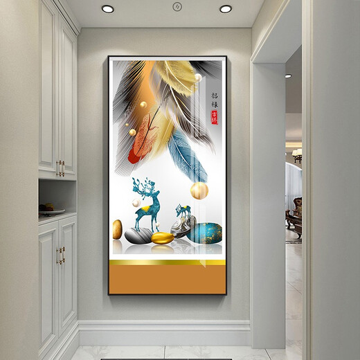 莫画泸林现代简约玄关装饰画正对门壁画走廊尽头挂画轻奢麋鹿过道入户门画 12-福禄吉祥12131 烤瓷镶钻80*160炫酷黑