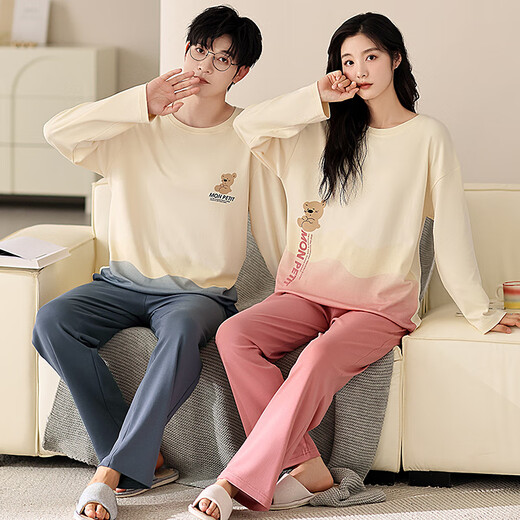 LangSha couple pajamas for one man and one woman in spring and autumn pure cotton round neck long-sleeved cartoon casual spring and autumn can be worn outside home clothes 96850 Female M + Male L