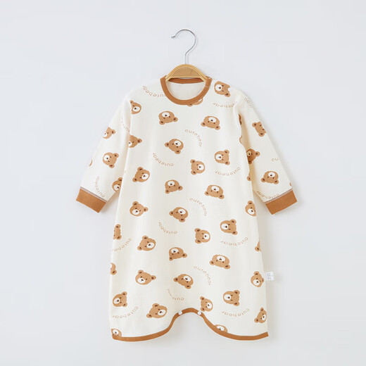 Cool rice baby nightgown anti-kick spring and autumn boys and girls pajamas jumpsuit pure cotton long-sleeved autumn baby nightgown home clothes milk tea bear 73cm