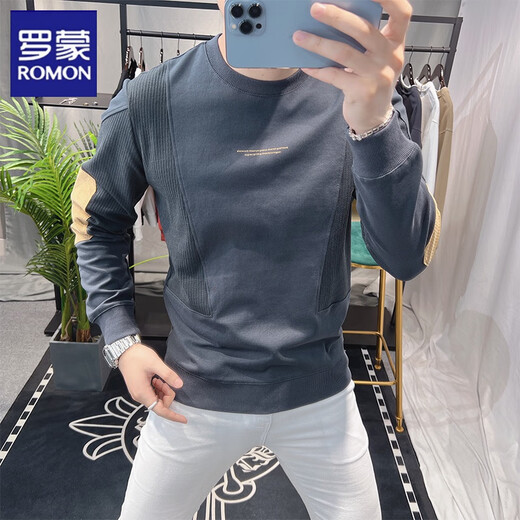 Romon European Station 2026 Spring and Autumn New Style Spliced Sweater Men's Personalized Round Neck Casual Trendy Fashion Versatile Top Gray M 90-105Jin Jin is equal to 0.5 kg