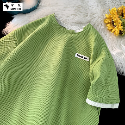 
Ronghu waffle short-sleeved T-shirt design mint mambo summer green loose top round neck summer couple top 1048 white 2XL