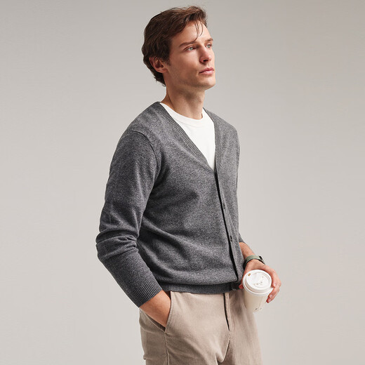 Zhaojun 2024 autumn and winter new high-end solid color wool cardigan jacket men's V-neck long-sleeved basic knitted top Dark cloud gray M