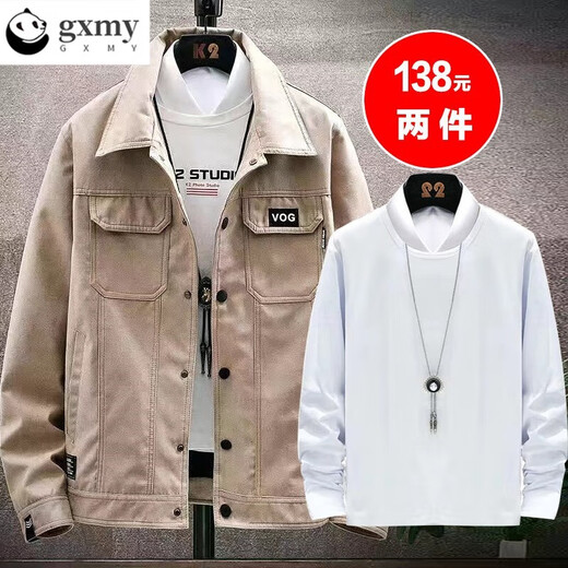 gxmy denim jacket men's spring and autumn new trendy casual sports jacket set men's set matching clothes men's fashion 2801 khaki + versatile white T+Y11 pants XL [120-140Jin [Jin equals 0.5 kg]]