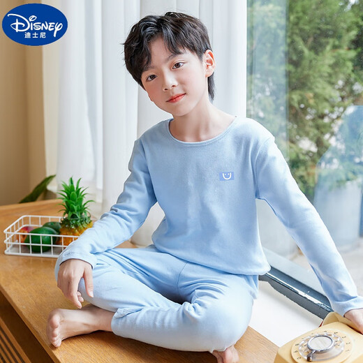 迪士尼（Disney）儿童秋衣秋裤全棉a类男童保暖内衣套装纯棉秋冬童装中小童棉毛衫 纯棉（A类秋衣秋裤）D679-蓝色 150码身高140-145cm  11-12岁
