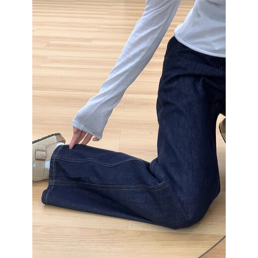 Cotton blue high-waisted loose wide-leg jeans for women in autumn and winter small retro straight casual pants plus velvet N21 dark blue plus velvet high quality 39 L 108-118Jin Jin is equal to 0.5 kg
