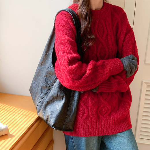 Ono Seven Days New Year and Christmas Red Sweater Women's Autumn and Winter Outerwear Loose Retro Twist Round Neck Short Lazy Pullover Sweater Red One Size