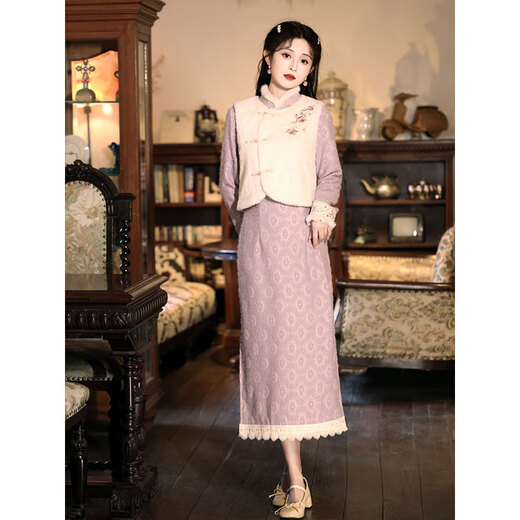 Du Yanzhi purple cheongsam new autumn and winter thickened velvet new Chinese style vest suit beautiful improved young style vest + skirt L (165) 100-110Jin Jin equals 0.5 kg