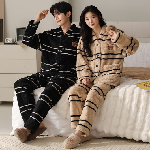 Modal Coral Velvet Couple Pajamas Women's Autumn and Winter Style Plus Velvet Thickening Men's Winter Cardigan Home Clothes Set LMK61083 L Women + Men 2XL