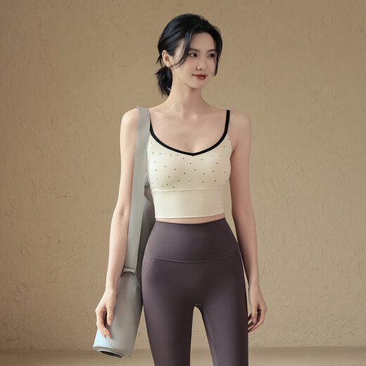 Aisunstyle sports bra women's shock-proof auxiliary breasts fixed cup yoga clothing vest suspender Pilates training fitness bra summer S Hepburn breast apricot