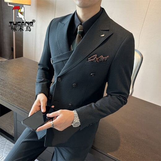 Woodpecker (TUCANO) brown double-breasted suit men's suit British slim men's large size suit three-piece wedding groom's suit trendy dark green (suit + vest + trousers) 4XL 58 (158-173Jin Jin equals 0.5 kg)