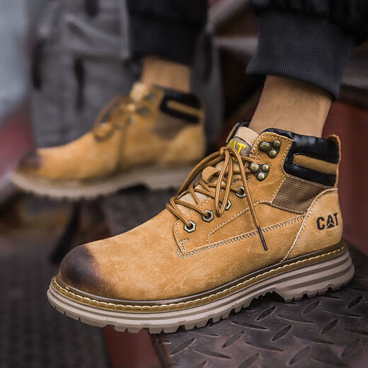 卡特cat男鞋中高帮马丁靴防滑耐磨户外登山鞋真皮复古英伦风工装靴 黄棕色 41
