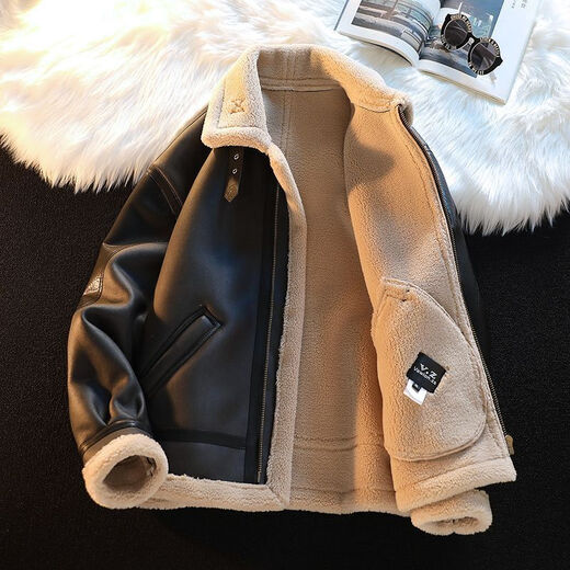 Manxinan fur one-piece plus velvet leather jacket for men in autumn and winter, lapel sherpa cotton coat, men's thickened motorcycle leather jacket, retro brown XL collection store, fast delivery