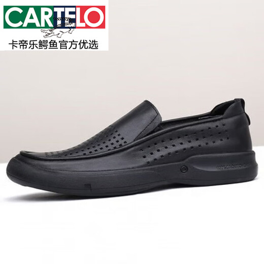 Cartelo Light Luxury Herrenschuhe Sommer Punch Sandalen echte Ledergeschäft lässig Low Heel Cowhide Atmungsaktiv schwarz schwarz schwarz hohl 3891-1 42