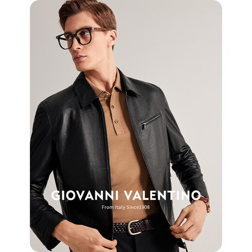 卓凡尼·华伦天奴（GIOVANNI VALENTINO）休闲男士真皮皮衣外套头层牛皮翻领夹克 黑色 2X（185/104A）