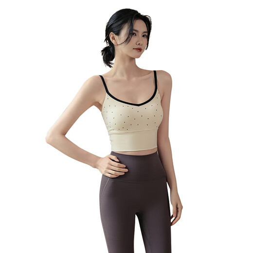 Aisunstyle sports bra women's shock-proof auxiliary breasts fixed cup yoga clothing vest suspender Pilates training fitness bra summer S Hepburn breast apricot