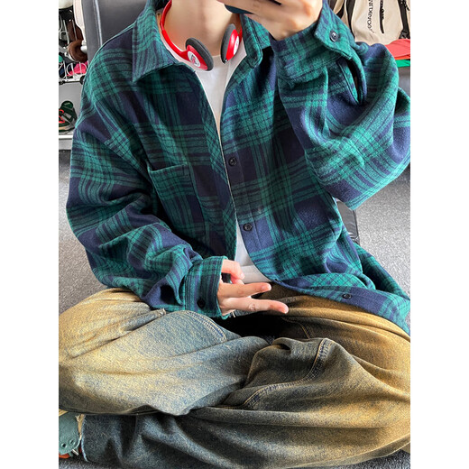 轩凡朵加绒加厚长袖衬衫男士秋冬季新款美式复古潮流牌衬衣百搭大码外套 c9734蓝格 M  建议90-110斤
