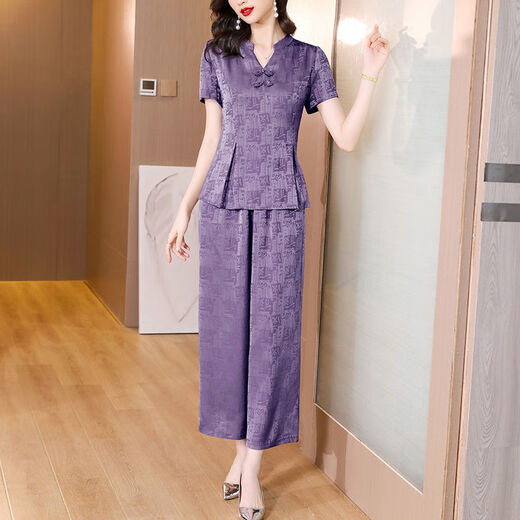 BMOI2025夏仿真丝套装女提花时尚中年大码妈妈装收腰显瘦仿香云纱两件 N679  墨绿套装 L