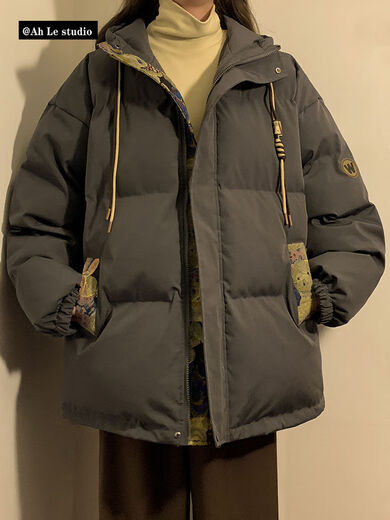 AEMAPE retro winter cotton jacket for men and women bear jacquard splicing hooded jacket trendy brand thick warm boy jacket winter M6636 gray (three-bar cotton jacket) M [Recommended: 90-110Jin [Jin equals about 0.5 kg]]