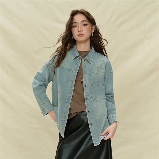 Giordano Designer Women's Retro Style Hot Diamond Pocket Loose Lapel Long Sleeve Denim Shirt 18345830 61 Retro Light Blue L