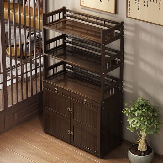 Sizhuge new Chinese style Bogu rack tea set storage shelf solid wood ornaments living room Shuduobaoge tea display cabinet purple clay pot 3 layers 80 double drawers four doors