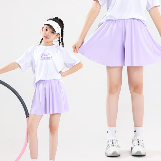 NICKYBABY girls quick-drying suit children's summer badminton summer tennis girls running training suit medium and big children's sportswear 9922 cotton T white + 18426 purple shorts 150 cm