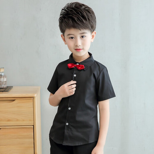 G.duck children's white shirt short-sleeved summer thin pure cotton bottoming shirt casual and handsome middle-aged and older student boy class uniform white (tie style) 130 recommended for a height of around 120