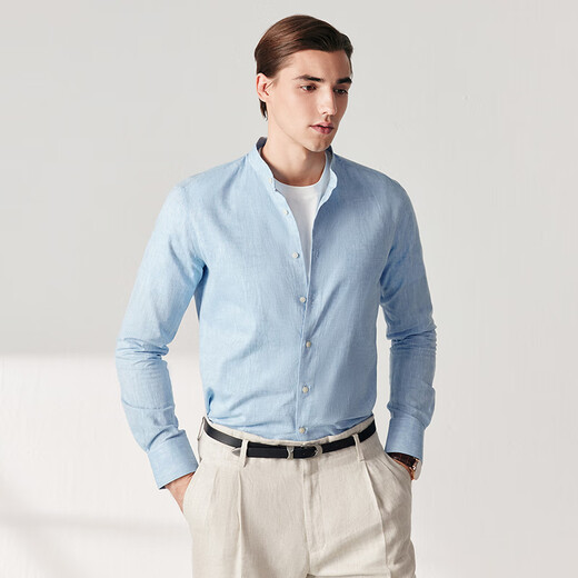 By Creations Bopin spring and summer cotton and linen cool shirt men's Henry collar light business professional commuting formal long-sleeved casual shirt light blue 39