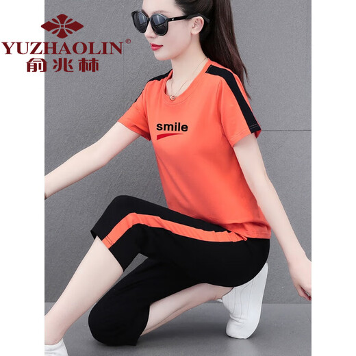 俞兆林妈妈装好棉运动服套装女夏季2024新款中年夏装休闲短袖七分裤两 皮红七分裤[687款] M (建议80-95斤)