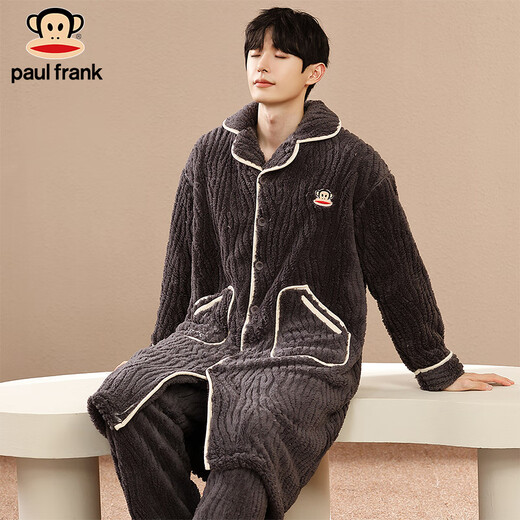 PAUL FRANK Big Mouth Monkey solid color couple pajamas men's winter coral velvet thickened long flannel home clothes women's nightgown set