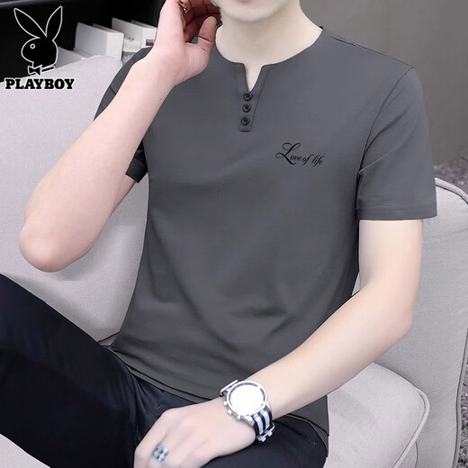 花花公子（PLAYBOY）短袖t恤男2025夏季新款潮流v领休闲宽松上衣薄款凉感男装 5024碳灰 3XL