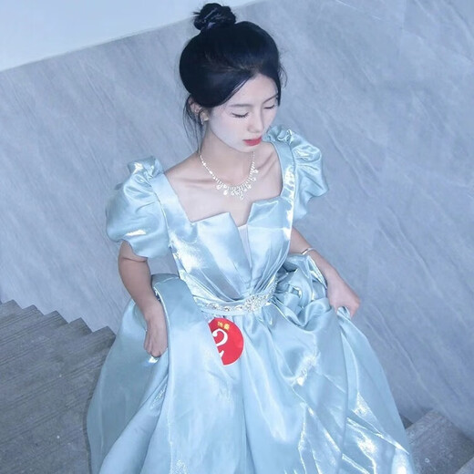 Li Baixin Blue Evening Dress Vocal Art Test Bel Canto Solo Performance Runaway Princess Style Adult Ceremony Dress Skirt Female Host Blue M