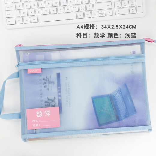 欧力益（OULIYI） 小学生科目分类袋学科文件袋双层手提拉链文具袋网纱底部加宽书袋语数英综合 中灰A4 单个装  6231