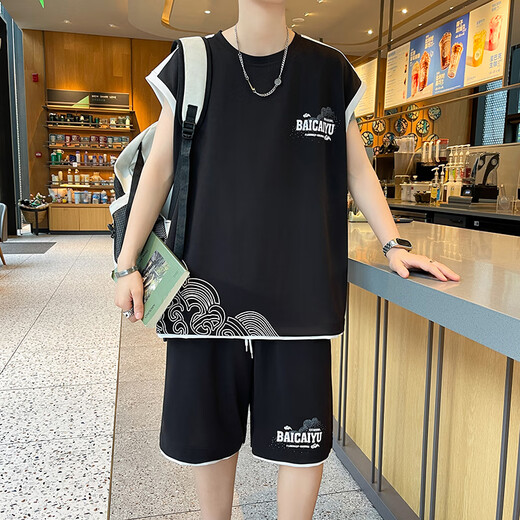 
Yuhuan ice silk sports vest suit men's summer new fake two-piece sleeveless T-shirt vest trendy men's outfit T 6189 black suit M about 90-110Jin [Jin equals 0.5 kg] can be worn
