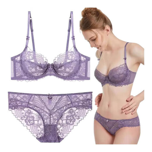 Victoria Palace Sexy Bra Purple Elegant French Ultra-Thin Breathable Lace Bra Push-up Bra Set Red 75B 34 (with M size panties)