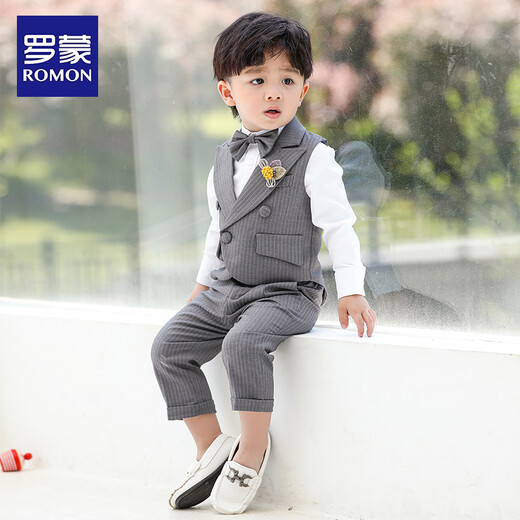 Robon de robe de fleur de fleur Romon Suit de style britannique Bébé garçon de petit garçon petit costume de petit costume pour enfants beau gilet de performance gilet + chemise + nœud papillon + pantalon 80