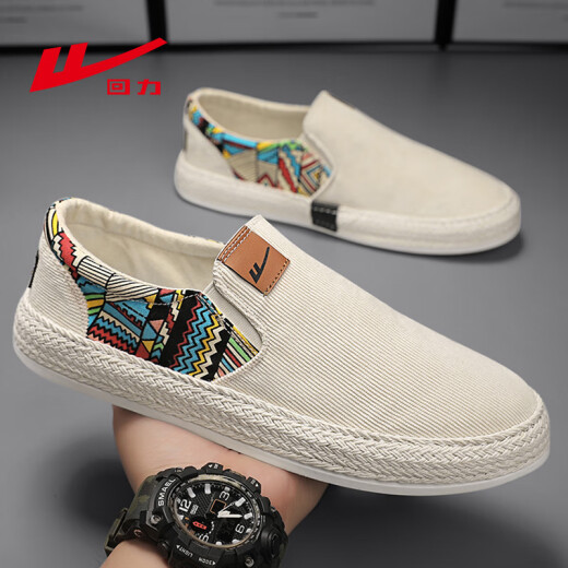 Huili official old Beijing canvas shoes for men in spring and summer new national trend soft sole one foot pedal men's shoes breathable board shoes for men ZY geometric rice color [corduroy main recommendation]/131737 42