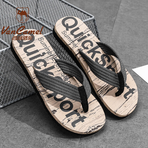 Western Camel (VANCAMEL) flip-flops for men summer 2024 new outer wear casual sports beach slippers indoor canvas belt Vietnamese angle brand men's shoes/black/breathable sports brand men's shoes/41/breathable sports