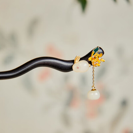 Kamalun (KAMALUN) sandalwood hairpin, ancient style hairpin, new Hetian jade hairpin, horse face skirt, Hanfu headwear, Valentine's Day gift for girlfriend, rabbit osmanthus hairpin + brand gift box, no engraving