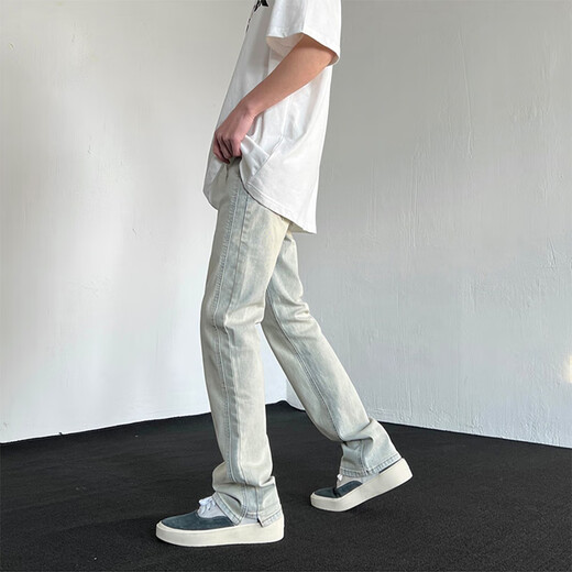 
7 high-quality yellow mud color jeans men's new American high street elastic slim straight-leg trendy casual long trousers DDD-673 yellow M
