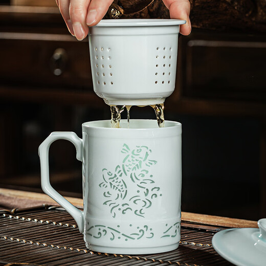 Gold inlaid jade Huang Shouliang handmade tea cup Jingdezhen Yingqing carved business office home tea cup gift giving good luck