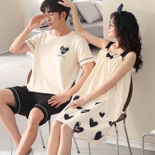 
Langsha (langsha) couple pajamas pure cotton suit summer short-sleeved suspender skirt cool thin style one man and one woman full cotton home clothing L9902 [high quality pure cotton] L men