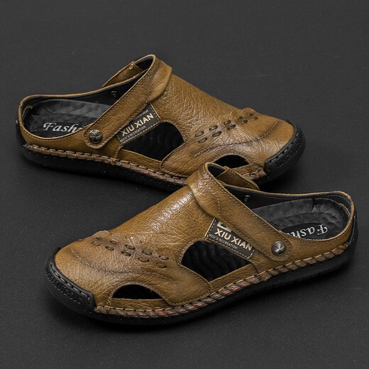 Qice summer sandals men's bag-toe casual shoes outdoor breathable beach sandals fashionable sports slippers summer hole shoes 689 brown 40