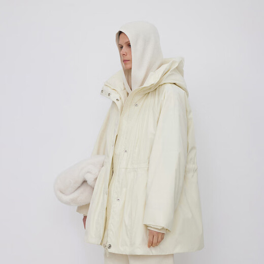 LESS winter white duck down jacket for women warm casual loose hooded drawstring down jacket mid-length 2NAC12610 123/milk white XS