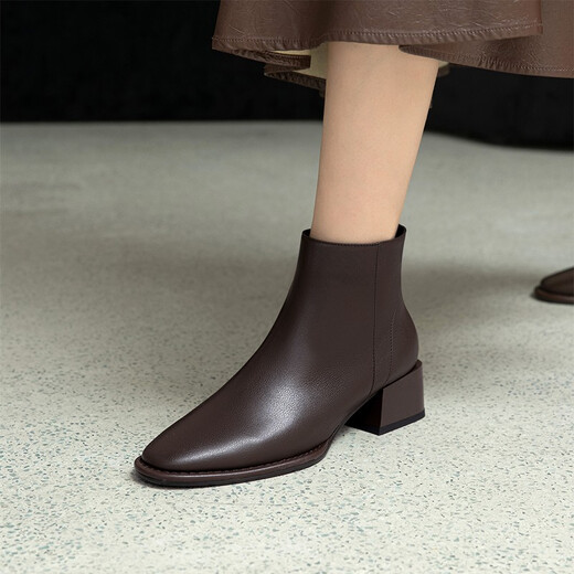 
Asacho autumn and winter cowhide single boots for women in women's temperament, slim mid-heel short boots for women ankle boots fashionable women's boots side zipper nude boots black (half-size) 40